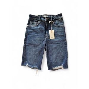Good American High Rise Bermuda Denim Shorts Dark Indigo Raw Hem Size 0 / 25